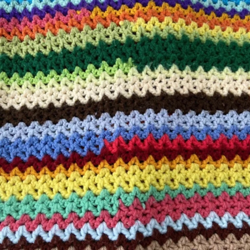 Rainbow Crochet Afghan Blanket Scalloped Vintage